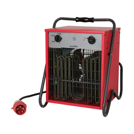 EUROM EK15002 Starkstrom-Heizlüfter 15 kW – schräg von vorne mit 32-A-Starkstromstecker