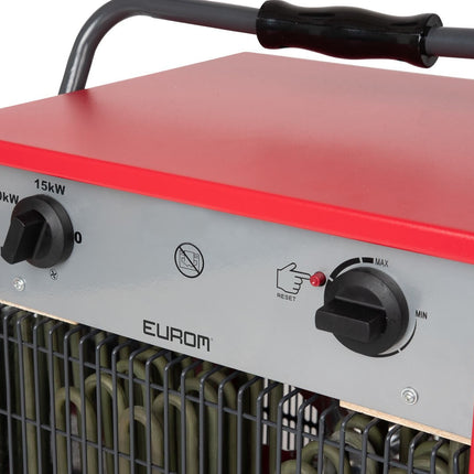 EUROM EK15002 Starkstrom-Heizlüfter 15 kW – Bedienfeld mit Thermostat, Stufenschalter und Reset