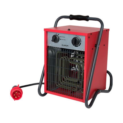EUROM EK5001 Starkstrom-Heizlüfter 5 kW – schräg von vorne mit 400-V-Starkstromstecker