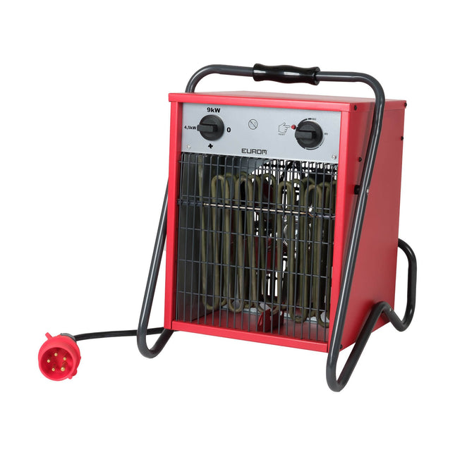 EUROM EK9002 Starkstrom-Heizlüfter 9 kW – schräg von vorne mit 400-V-Starkstromstecker