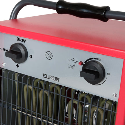 EUROM EK9002 Starkstrom-Heizlüfter 9 kW – Bedienfeld mit Thermostat, Stufenschalter und Reset