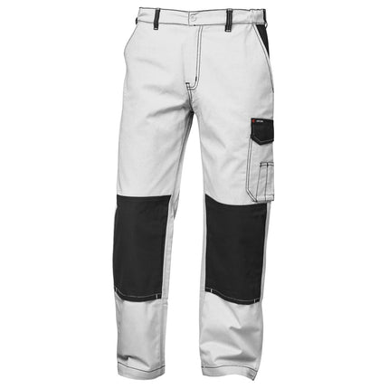 Weiße Malerhose mit grauen Kniebesätzen und Oberschenkeltasche – Vorderansicht