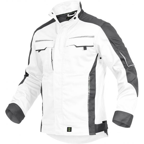 Weiß-graue Malerjacke Leibwächter Flex Line – Vorderansicht mit Brusttaschen und Reflektoren