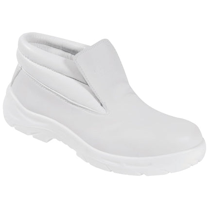 Weißer Sicherheits-Schlupfstiefel S2 SRC von rechts – hoher Schaft mit gepolstertem Kragen und Gummizug