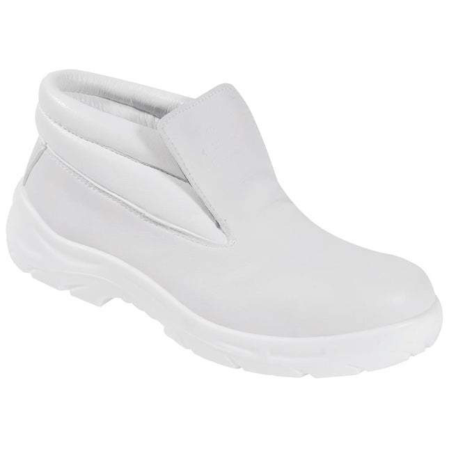 Weißer Sicherheits-Schlupfstiefel S2 SRC von rechts – hoher Schaft mit gepolstertem Kragen und Gummizug