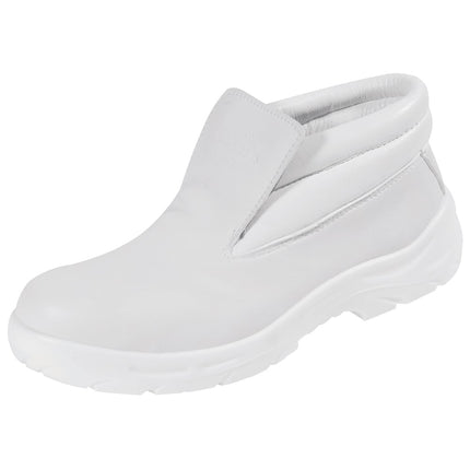 Weißer Sicherheits-Schlupfstiefel S2 von links – Mikrofaser-Schaft, Stahlkappe