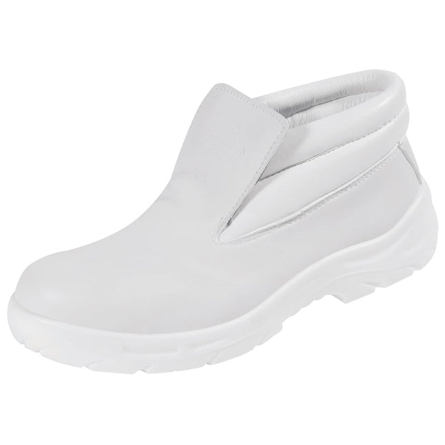 Weißer Sicherheits-Schlupfstiefel S2 von links – Mikrofaser-Schaft, Stahlkappe