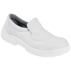 Weißer Sicherheits-Slipper S2 SRC von rechts – Halbschuh mit Gummizug und gepolstertem Schaftrand