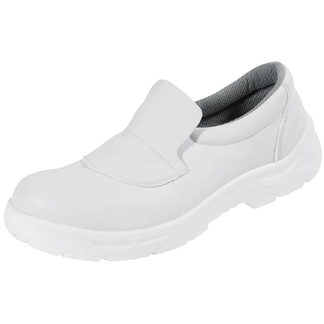 Weißer Sicherheits-Slipper S2 von links – Mikrofaser, Stahlkappe
