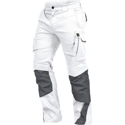 Weiß-graue Malerhose Leibwächter Flex Line – Vorderansicht mit Knietaschen und Cargotasche