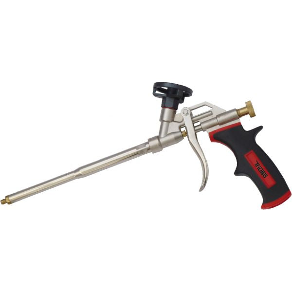 PU-Schaumpistole aus Metall mit gummiertem Griff, Messingspitze und Dosierschraube